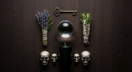 Still life with skull, candle, keys and lavender flowers on wooden backgroundの素材