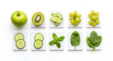 Sliced cucumber, kiwi, apple and mint on white backgroundの素材