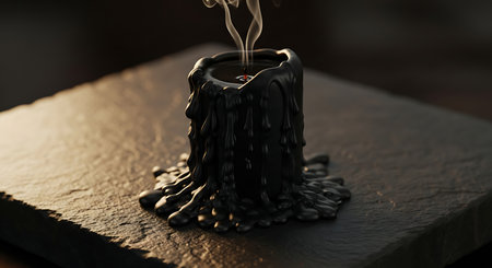 Burning black candle with smoke on dark background, close-upの素材