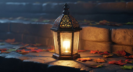 Lantern on the background of autumn leaves. Halloween concept.の素材