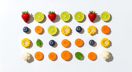 Fruit and vegetables arranged in a row on a white background.の素材