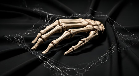 Halloween skeleton on black background with spider web. Halloween concept.の素材