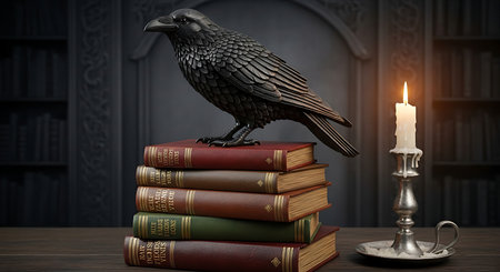 Crow sitting on a stack of books with a lit candle in the backgroundの素材