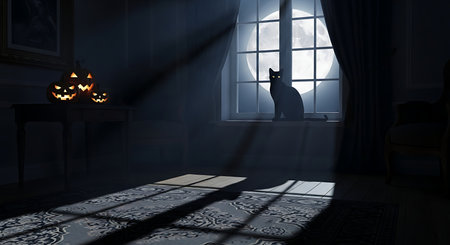 Halloween scene with a cat in the window. 3d renderingの素材