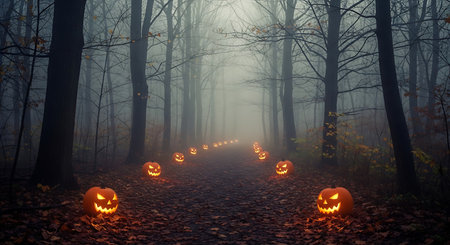 Scary halloween pumpkins in foggy forest. Halloween backgroundの素材