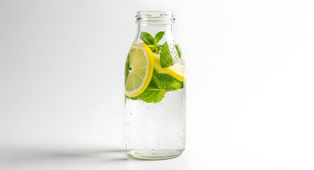 Bottle of water with lemon, mint and ice on white backgroundの素材