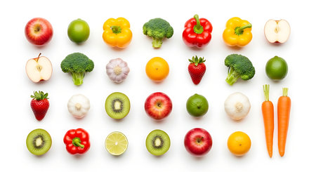 Fruits and vegetables isolated on white background. Top view. Flat lay patternの素材