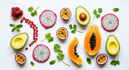 Variety of exotic fruits on a white background, top view.の素材