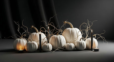 3d render of halloween pumpkins with candles on black backgroundの素材