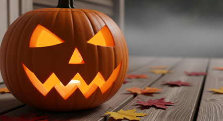 Halloween pumpkin on wooden background, 3d rendering. Computer digital drawing.の素材