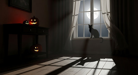 Halloween background with cat in the dark room. 3D renderingの素材