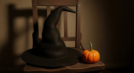 Halloween witch hat with pumpkin on wooden chair. 3d renderの素材
