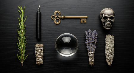 Flat lay composition with different magic objects on black wooden background.の素材