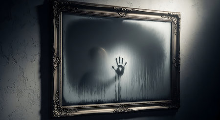 Silhouette of a hand in front of a picture frame.の素材