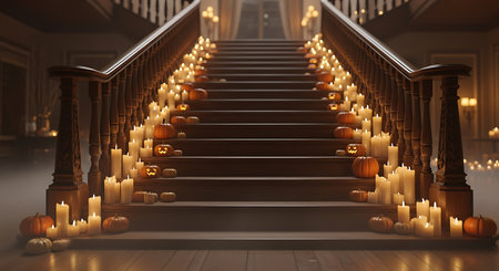 3d rendering of halloween pumpkin lanterns and stairs in halloween nightの素材
