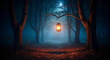 Mysterious forest with a glowing lantern in a foggy nightの素材