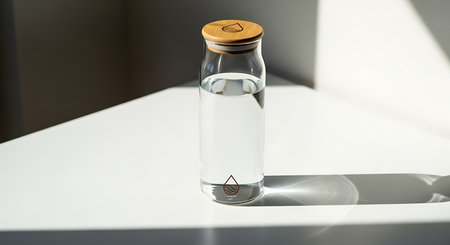 Glass vial with water on a white table. Selective focus.の素材