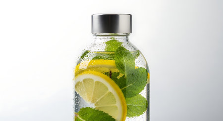 Bottle of water with lemon, mint and ice on white backgroundの素材