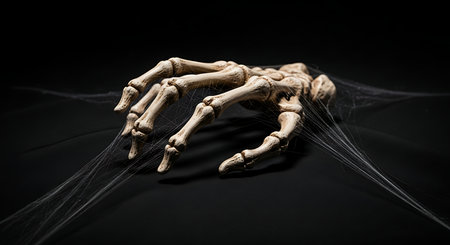 Halloween skeleton hand with spider web on black background. Halloween concept.の素材