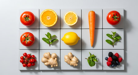 Healthy eating concept with fresh fruits and vegetables on white background.の素材