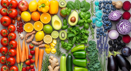 Healthy food background. Fresh fruits and vegetables, top view.の素材