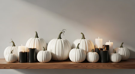 Wooden shelf with white pumpkins and candles on grey wall backgroundの素材