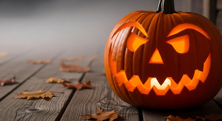 Halloween pumpkin head jack-o-lantern on wooden backgroundの素材