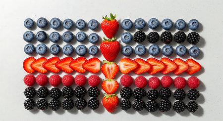 Strawberries, blueberries, blackberries and strawberries on a white backgroundの素材