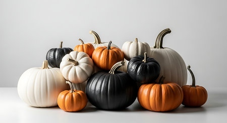 Autumn pumpkins on white background. Happy Thanksgiving and Halloween.の素材