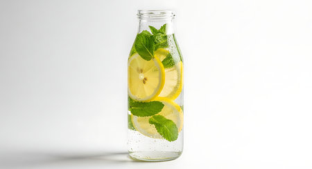 Bottle of water with lemon, mint and ice on white backgroundの素材