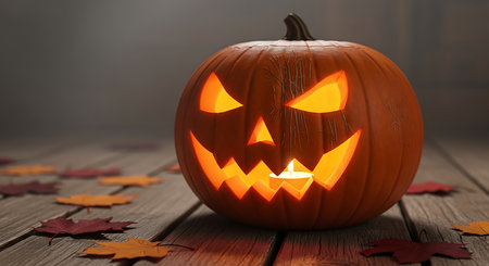 Halloween pumpkin with autumn leaves on wooden background, 3d renderの素材