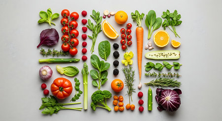Healthy food clean eating selection. Fresh vegetables and fruits on grey background. Top view.の素材