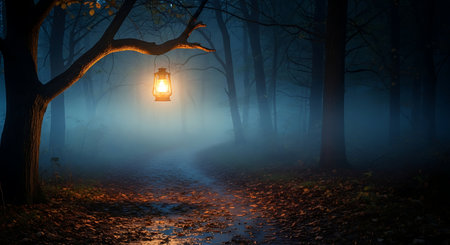 Lantern in a foggy forest at night. Halloween conceptの素材
