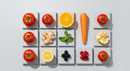High angle view of fresh vegetables and fruits arranged in square shape on grey backgroundの素材