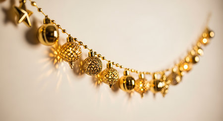 Golden Christmas ornaments on a white wall. Selective focus.の素材