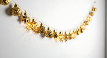 Christmas decorations on white background. Golden christmas balls, garland.の素材