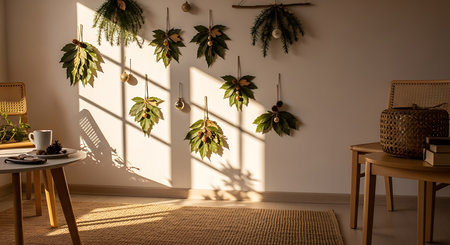 Interior of modern living room with wicker rattan chair and tableの素材