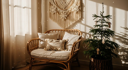 Comfortable armchair with pillows and a Christmas tree in the interiorの素材