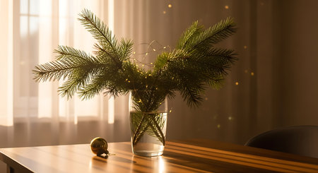 Christmas tree branches in a glass vase on a wooden table in the roomの素材