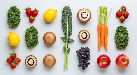 Fresh vegetables and fruits on white background. Top view. Flat layの素材