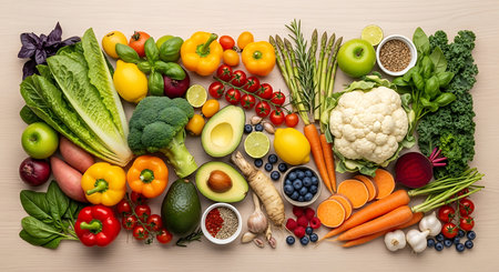 Healthy food background. Top view of fresh vegetables and fruits on wooden tableの素材