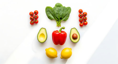 Vegetables on a white background. Tomato, avocado, spinach, lemon.の素材