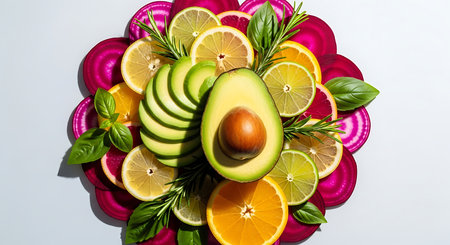 slices of avocado, lemon, lime and rosemary on a white backgroundの素材