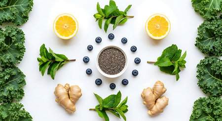 Healthy food background with chia seeds, lemon, mint leaves, ginger and lemon on white background.の素材