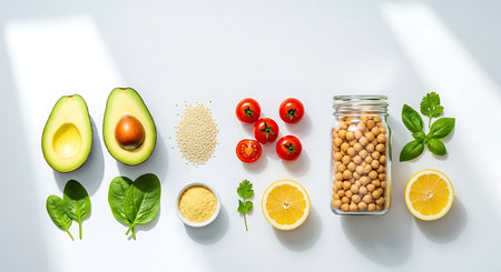 Healthy food ingredients: chickpeas, avocado, spinach, tomatoes, lemon and spices on a white backgroundの素材