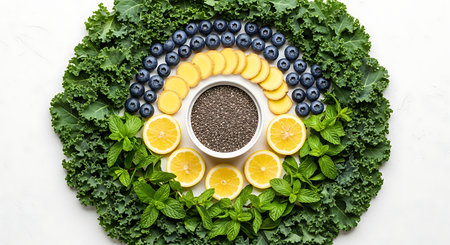 Healthy superfoods, chia seeds, lemons and blueberries, top viewの素材