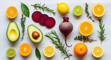 Fresh fruits and vegetables on a white wooden background. Top view.の素材