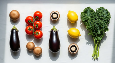 Fresh vegetables on a white background. Top view. Flat lay.の素材