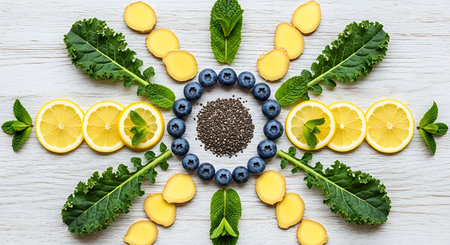 Creative layout made of sliced lemons, blueberries, leaves and chia seeds on white wooden background. Flat lay, top viewの素材