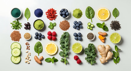 Healthy food ingredients for superfood selection on white background, top viewの素材